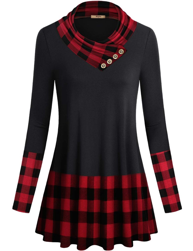 Miusey Women's Cowl Neck Plaid Patchwork Tunic - Petite A-line Elegant Blouse, Soft & Cozy, Red (S) - Image 1